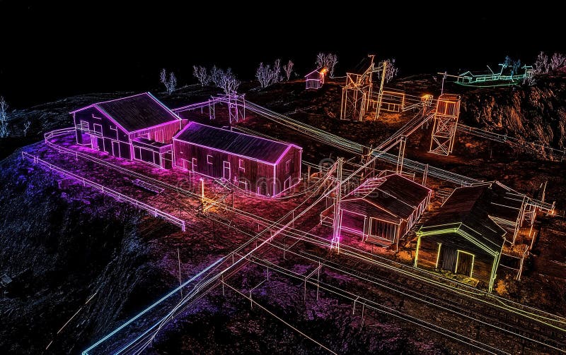 A vibrant digital rendering of a historic mining town illuminated with colorful neon lights at night showcasing its. The historic mining town is artistically transformed with bright neon lights, highlighting buildings AI generated
