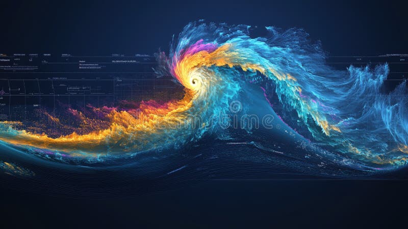 Vibrant digital rendering of hologram hurricane path, showcasing dynamic colors and swirling stock illustration