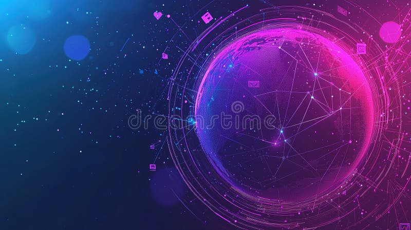 A vibrant digital representation of a globe with interconnected lines and symbols against a cosmic background vector illustration