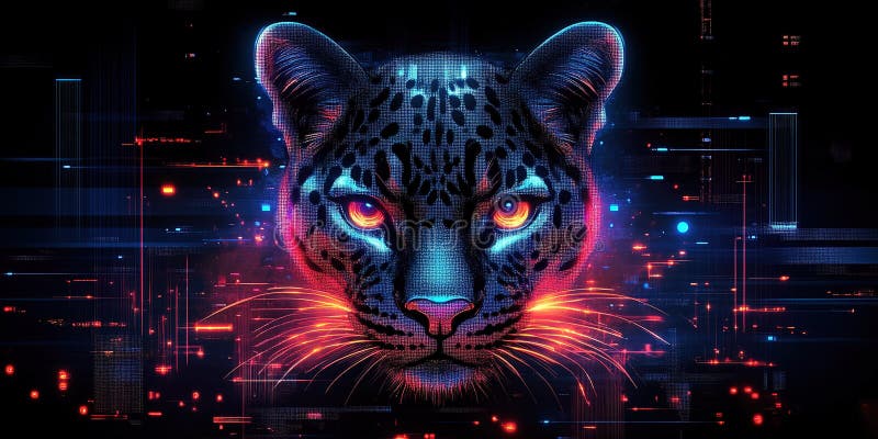 Vibrant digital representation of a jaguar&#x27;s head illuminated by neon colors and futuristic patterns vector illustration