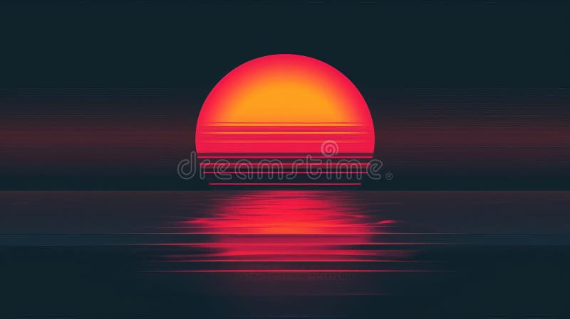Vibrant digital sunset over calm ocean stock image