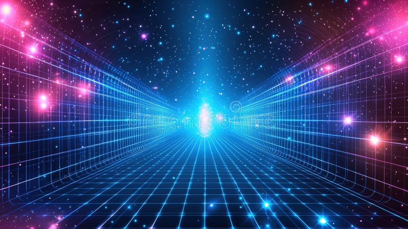 A vibrant digital tunnel filled with stars and glowing grids, creating a futuristic cosmic atmosphere royalty free illustration