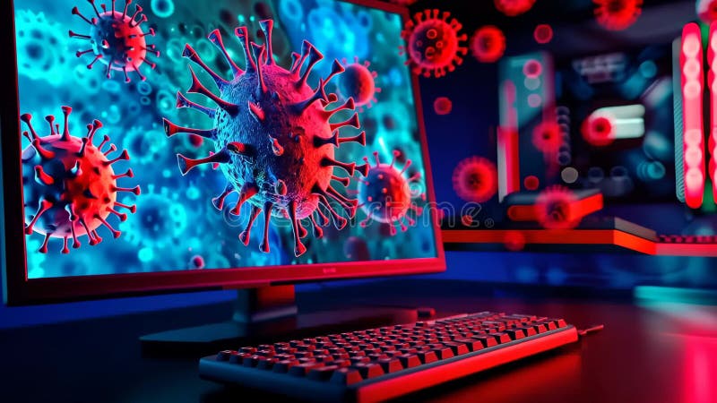 Vibrant Digital Visualization of a Virus on a Computer Monitor in a Modern Workspace With Neon Lighting stock illustration