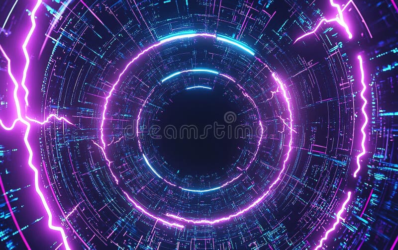 Vibrant digital vortex with bright neon lights showcasing futuristic technology and electronic patterns stock illustration