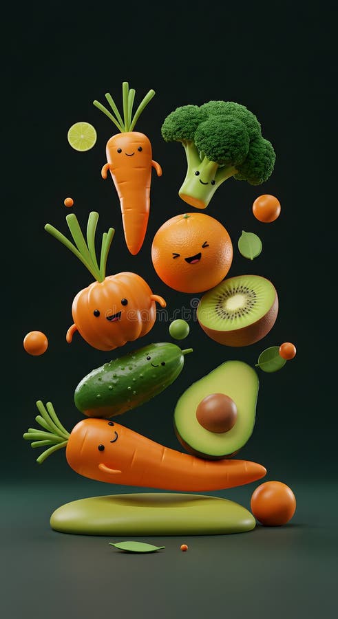 Animated floating produce featuring carrots, broccoli, orange, kiwi, avocado and cucumber royalty free illustration