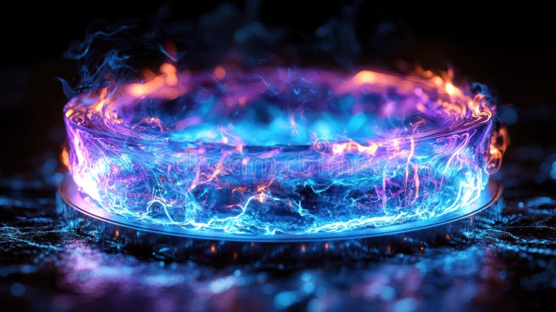 Vibrant display of blue and purple plasma swirling in glowing circular formation, creating mesmerizing visual effect royalty free stock images