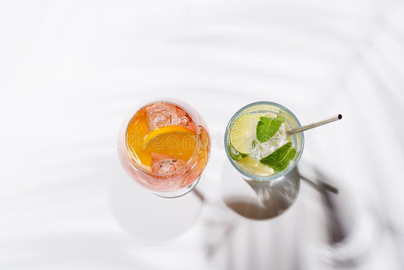 A vibrant display of cocktails, including Aperol Spritz, and Mojito royalty free stock images
