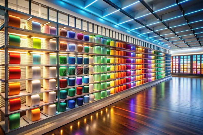A vibrant display of colorful cylindrical objects arranged on illuminated shelves within a modern interior space showcasing a royalty free illustration