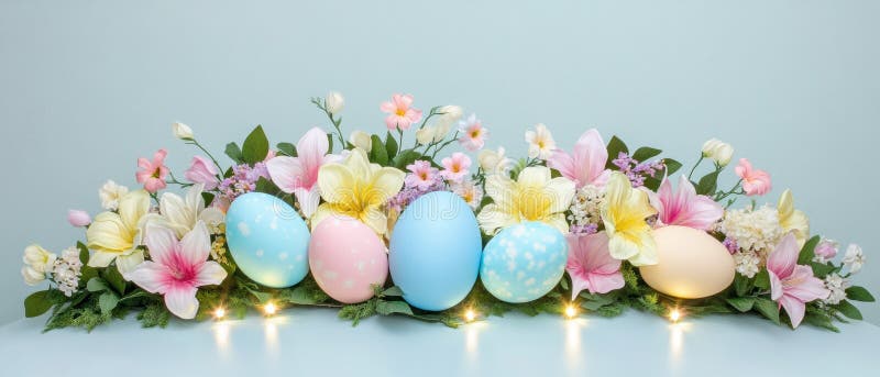 A vibrant display of colorful Easter eggs and flowers arranged on a table. stock photos