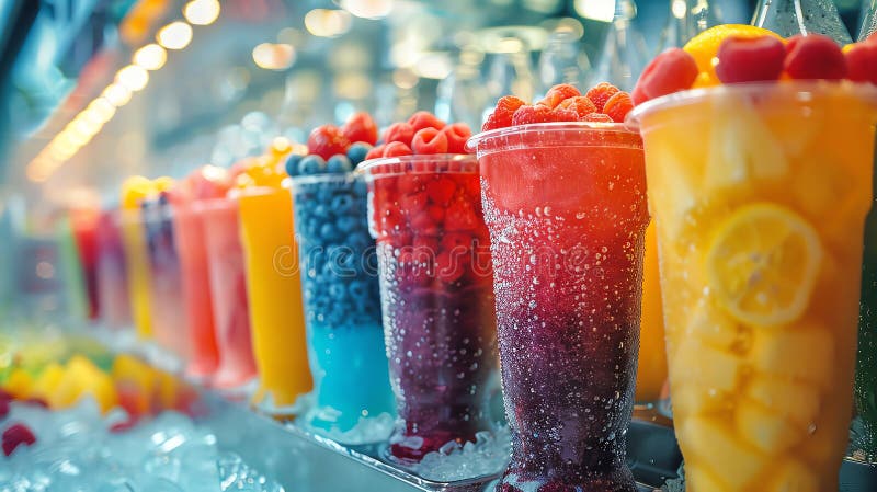 A vibrant display of colorful fruit smoothies with fresh fruit toppings royalty free illustration