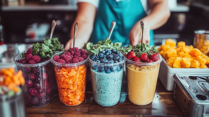 A vibrant display of colorful fruits and vegetables fills the cups on the counter, creating a lively mosaic of nature s bounty,.