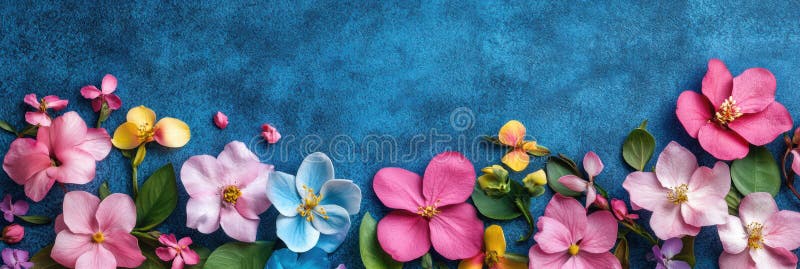 A vibrant display of flowers on a blue surface against a matching blue background. stock image