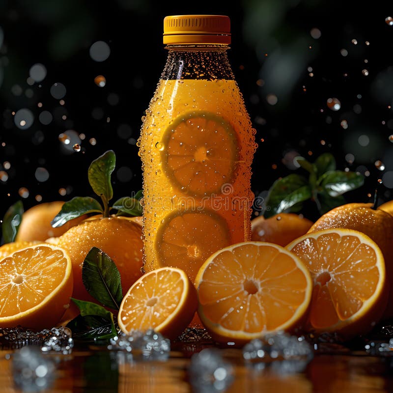Refreshing Orange Juice in a Transparent Bottle Amidst Citrus Fruit