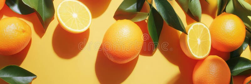 A vibrant display of oranges resting on a bright yellow surface. royalty free stock image