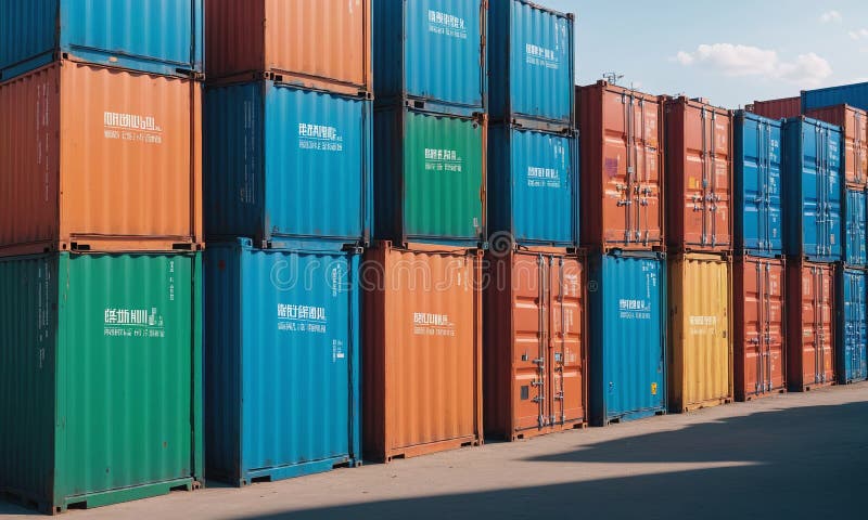 A vibrant display of stacked shipping containers in various colors under a clear blue sky. AI generated. A vibrant display of stacked shipping containers in various colors under a clear blue sky. AI generated