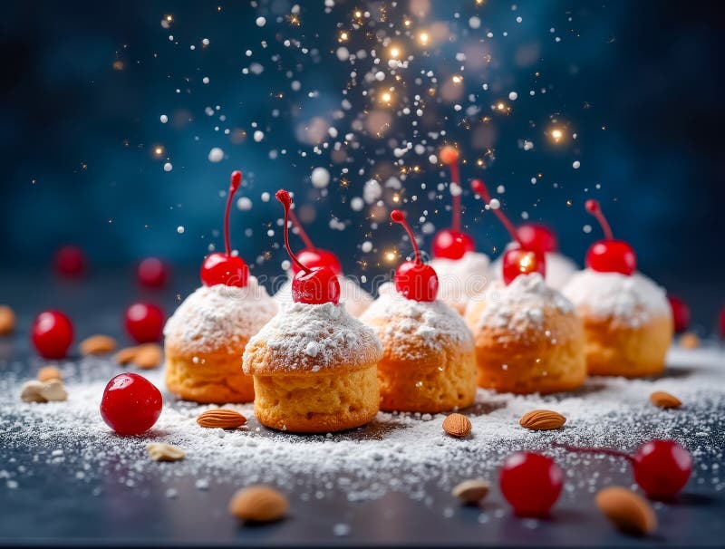 A vibrant display of sweet cupcakes dusted with powdered sugar and adorned with bright cherries. Almonds scatter around royalty free stock photography