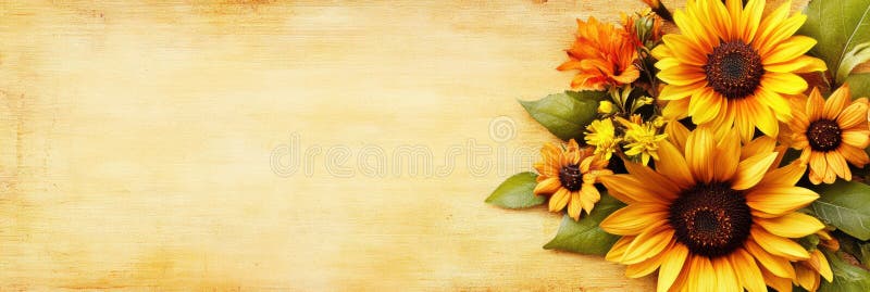 A vibrant display of yellow sunflowers arranged on a rustic wooden surface. royalty free stock photo