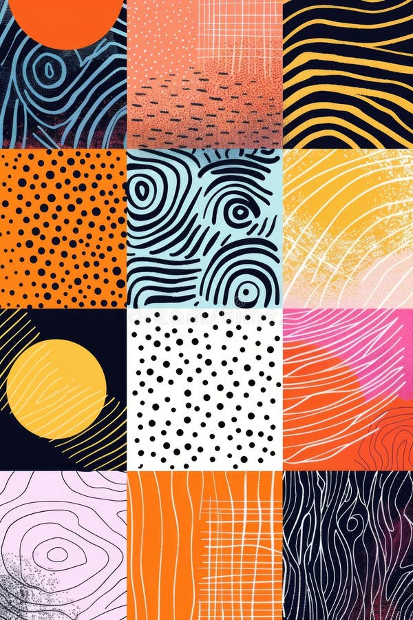 Vibrant and diverse collection of nine unique patterns. Ideal for backgrounds or textile designs stock photography