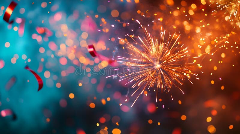 Dynamic celebration: cascading confetti and bursts of light create a festive ambiance vector illustration