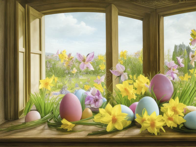 Vibrant Easter Scene with a Delightful Display of Pastel-colored Easter Eggs and Fresh Spring 