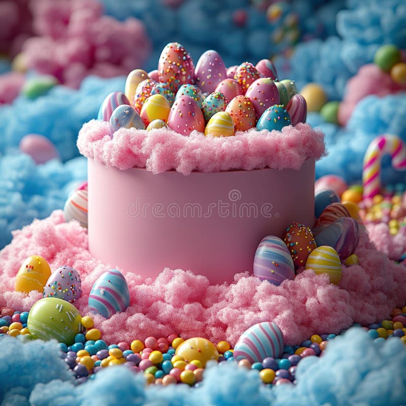 A vibrant, Easter-themed image showcasing a pastel pink tiered cake on a fluffy cotton candy-like surface with floating royalty free stock photography