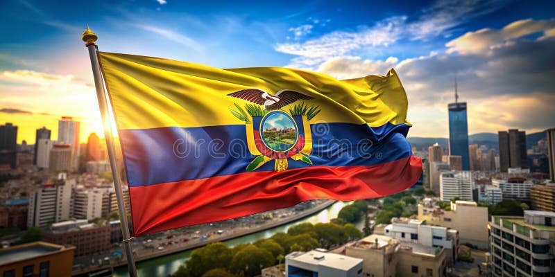 Vibrant Ecuadorian Flag Fluttering in Urban Setting a CloseUp Showcase