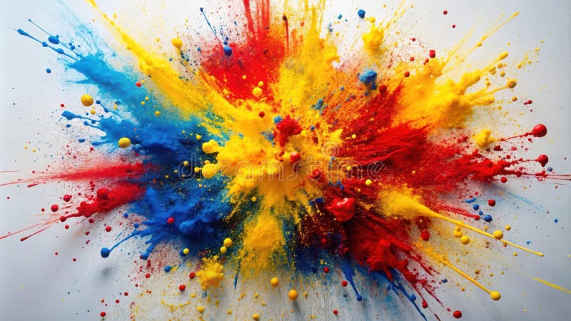 A vibrant explosion of primary colors red, yellow, and blue pigments burst forth in a dynamic, artistic display. Generative AI vector illustration