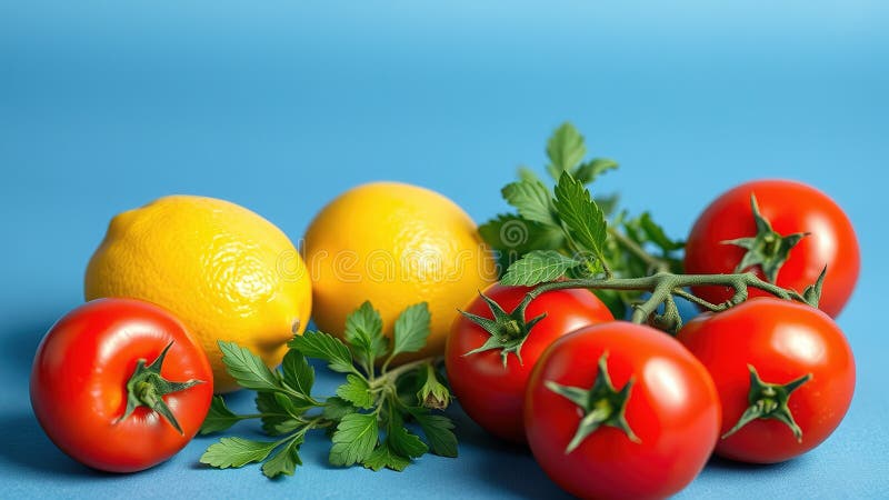 Vibrant explozie de prospețime Gourmet Fotografie alimentară cu lămâi organice, roșii și ierburi pe un albastru uimitor vector illustration