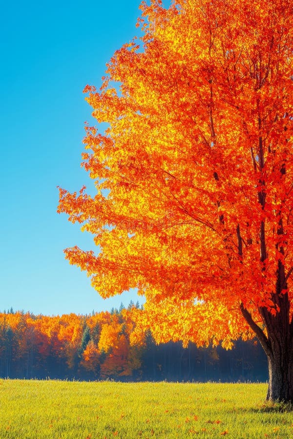 Vibrant Fall Foliage A Lone Maple Tree with Blazing Red Leaves Under a Clear Blue Sky stock illustration