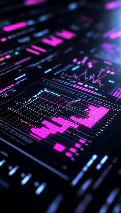 Vibrant Financial Data Visualization, Digital Data Charts With Futuristic Glowing Lines royalty free illustration