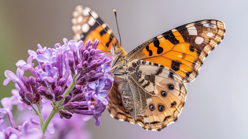 Vibrant fjäril på lilac bloom duschningskaraktär skönhet och delikat florinteraktion perfekt för arkivfoto