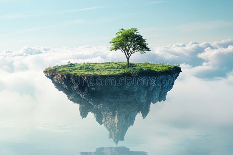 Floating island with a lone tree above the clouds at sunrise stock photos