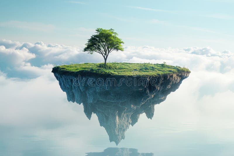 Floating island with a lone tree above the clouds at sunrise royalty free stock images