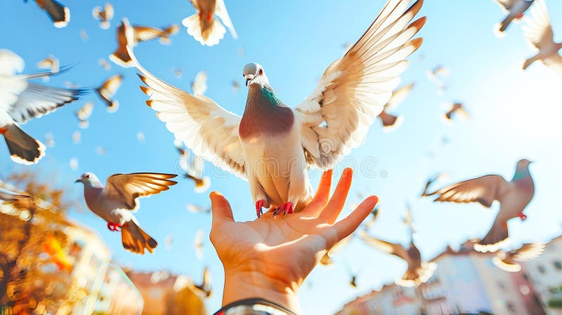 Vibrant flock of pigeons or doves returning to the open palms of human hands in a blurred dynamic mid air motion representing the stock illustration