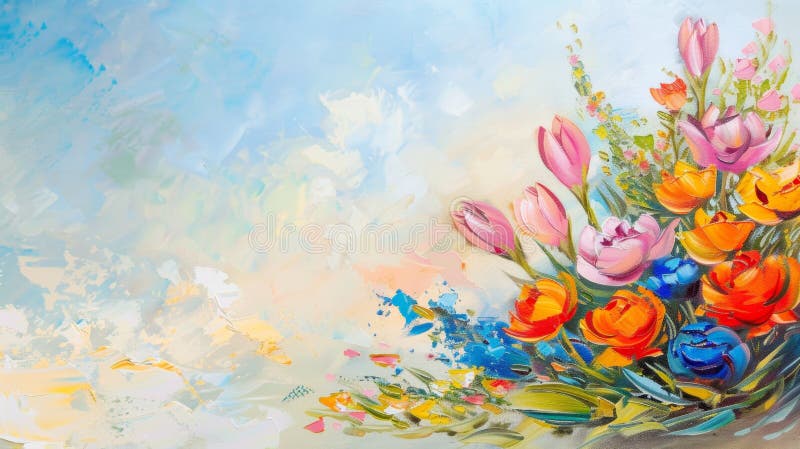 Vibrant Floral Artwork with Colorful Tulips and Abstract Background stock photo