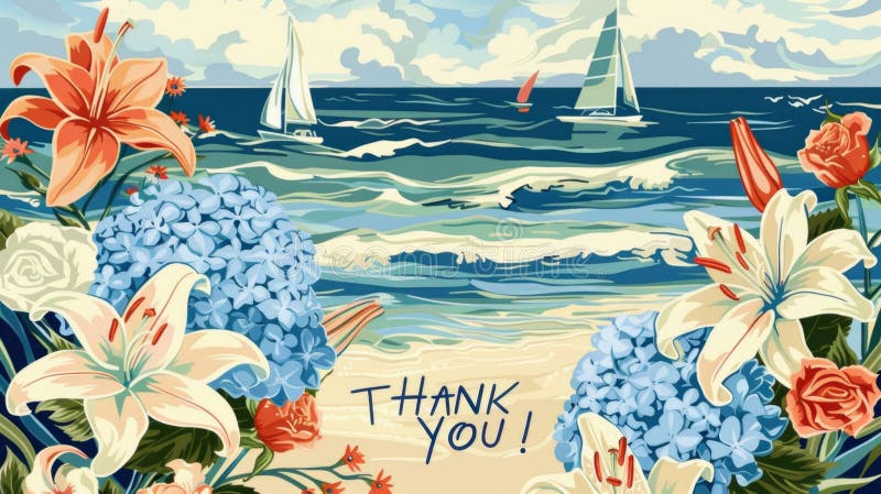 Vibrant Floral Beach Scene with Thank You Message stock image