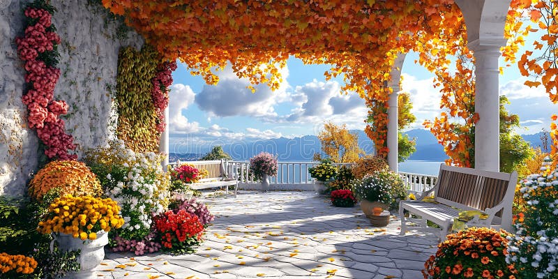 Vibrant Floral Canopy Lakeside Wedding Reception Scene royalty-vrije illustratie