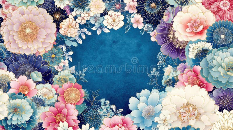 Vibrant Floral Frame on Textured Blue Background stock images