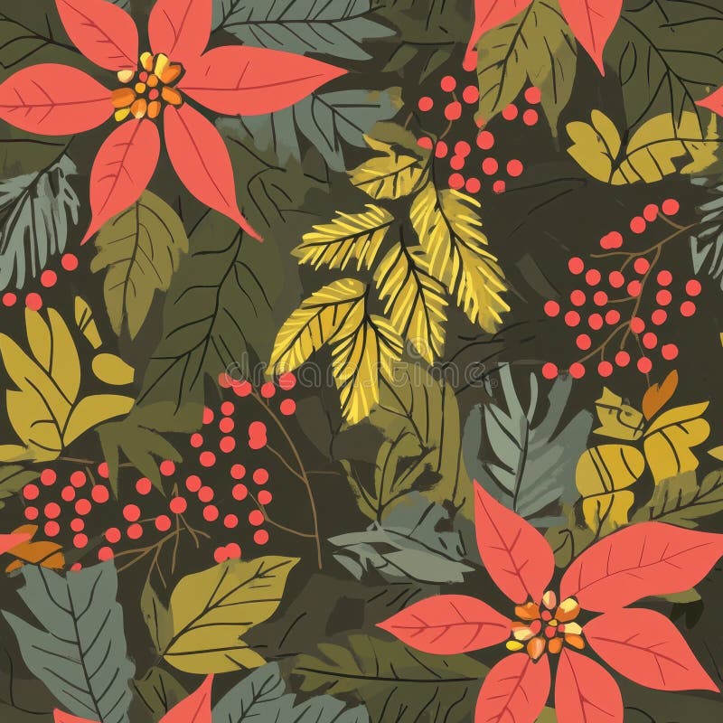 Vibrant Floral and Leaf Pattern with Red Berries and Foliage Elements. royalty free stock images