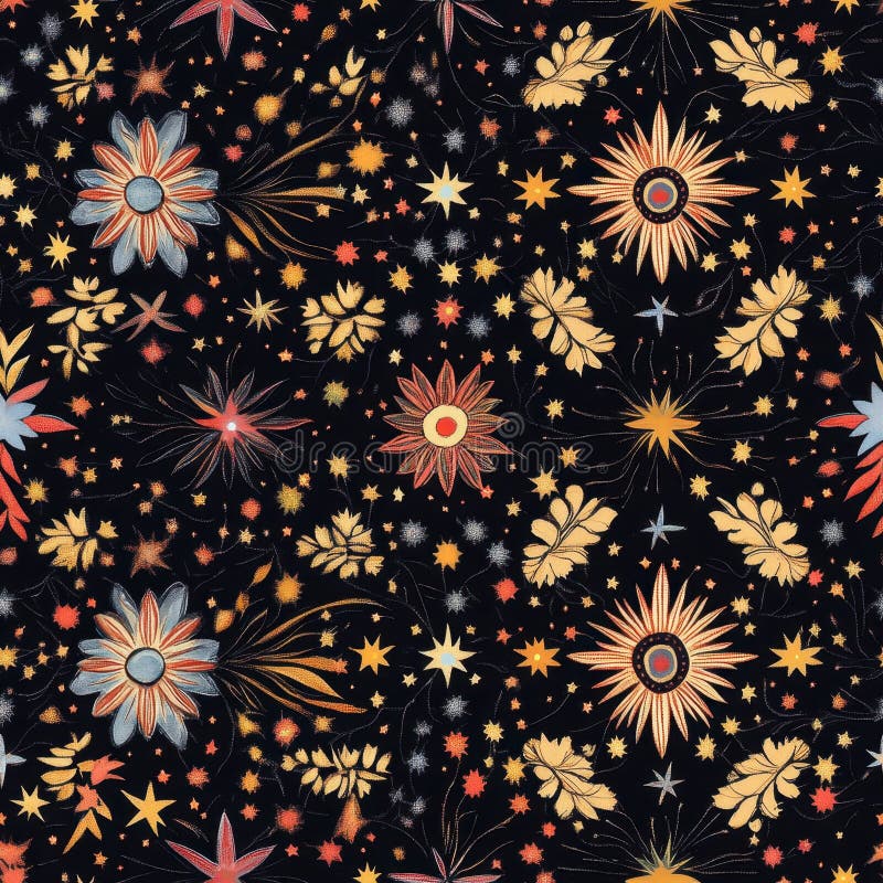 Vibrant Floral Pattern on Black Background for Fabric Design royalty free stock image
