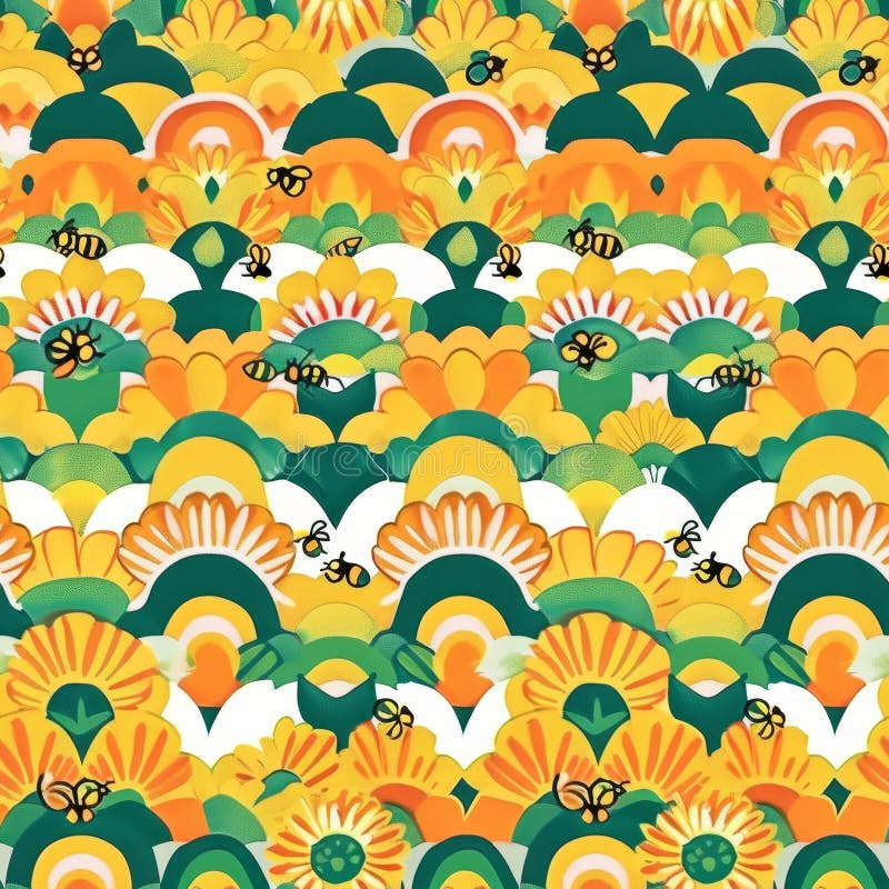 Vibrant Floral Pattern with Butterflies and Bees stock photo