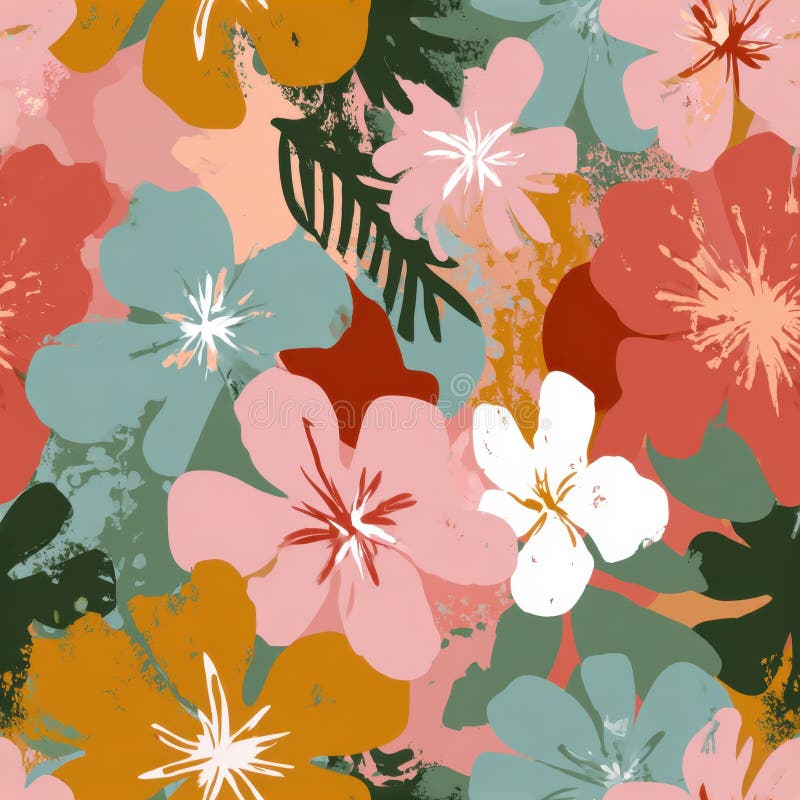 Vibrant Floral Pattern with Colorful Blooms and Abstract Leaves. stock photo