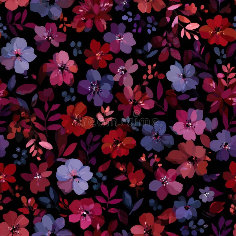 Vibrant Floral Pattern on Dark Background with Red and Purple Flowers. stock photography