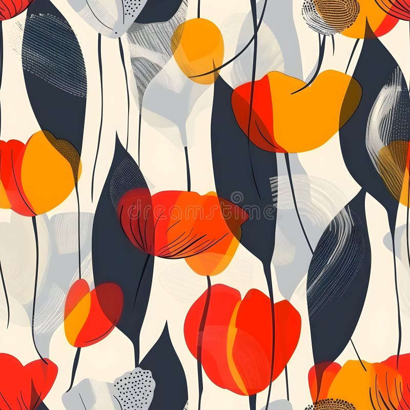 A vibrant floral pattern featuring abstract flowers in warm colors ilustração stock
