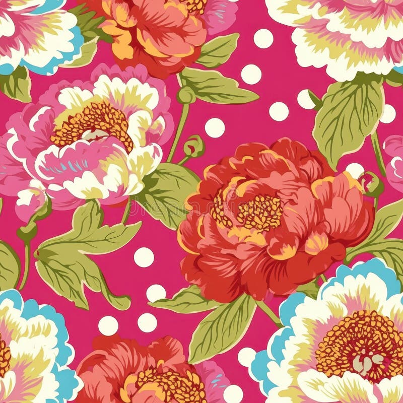Vibrant Floral Pattern with Polka Dots on Pink Background stock images