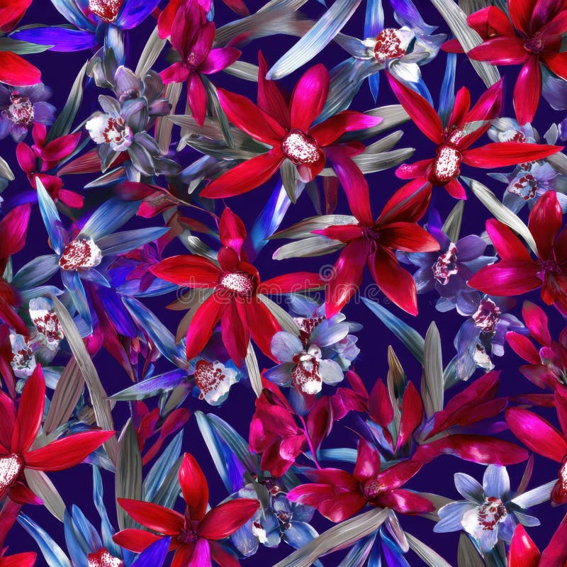 Vibrant Floral Pattern with Red Orchids on Deep Blue Background. stock photo