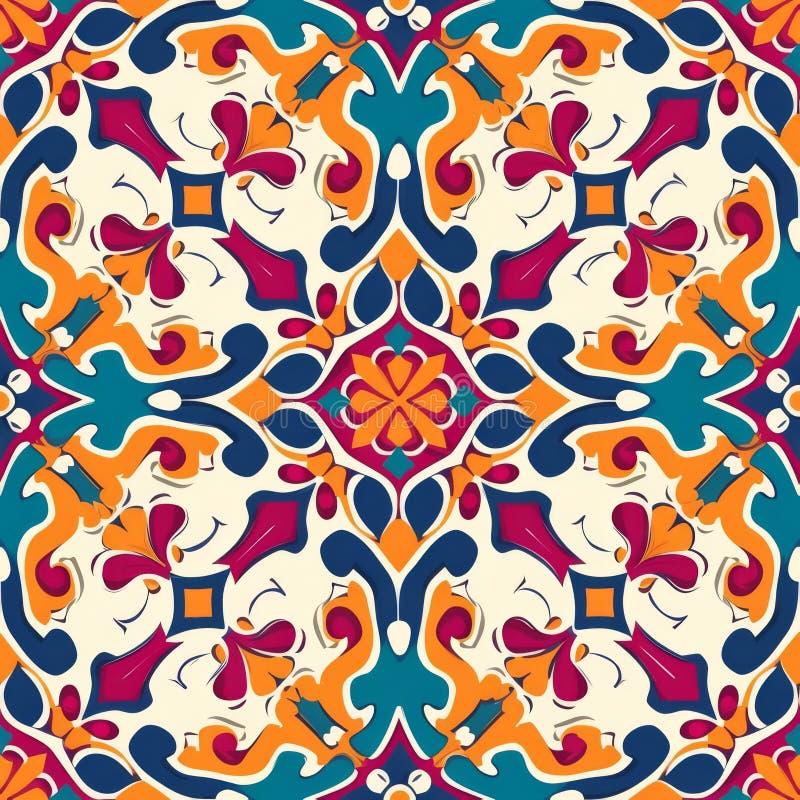 Vibrant Floral Tile Design in Blue and Orange Hues royalty free stock image