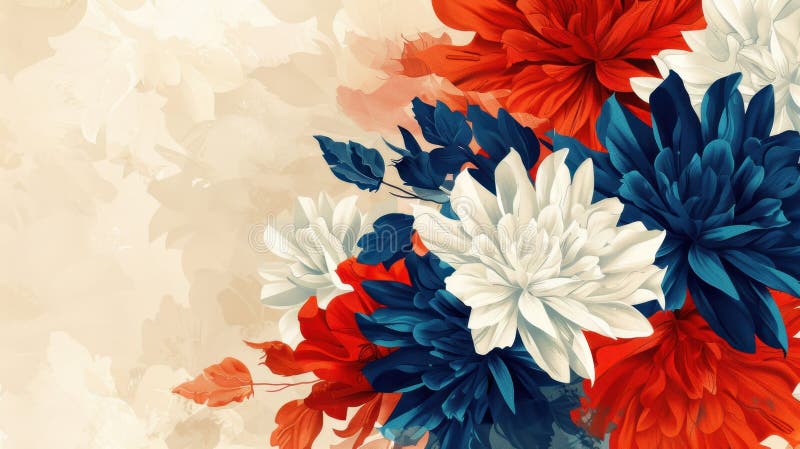 Vibrant Floral Wallpaper with Red, Blue, and White Blossoms stock photos