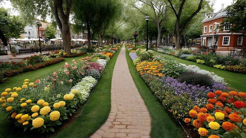 Vibrant Flowerbeds Line a Paved Path Through a Tree Lined Street vector illustration
