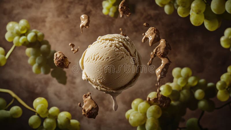 Vibrant fruit display with creamy coffee ice cream scoop art stock illustration